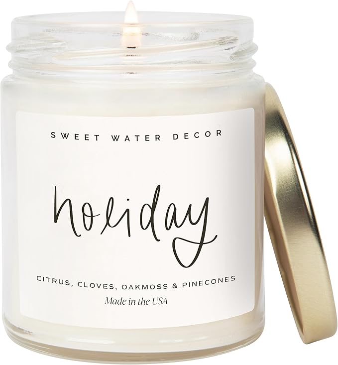 Sweet Water Decor Holiday Candle - Cloves, Pine, and Sandalwood Festive Winter Scented Soy Candles for Home - 9oz Clear Jar, 40 Hour Burn Time, Made in The USA