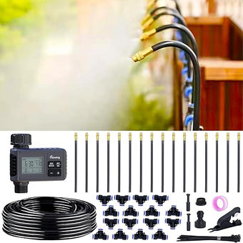 360° Adjustable Drip Irrigation System - 50FT Garden Watering Atomizing System with 16 Nozzles & Water Timer, Greenhouse Accessories for Yard, Lawn, Plants, Garden, 5/16 inches Hose
