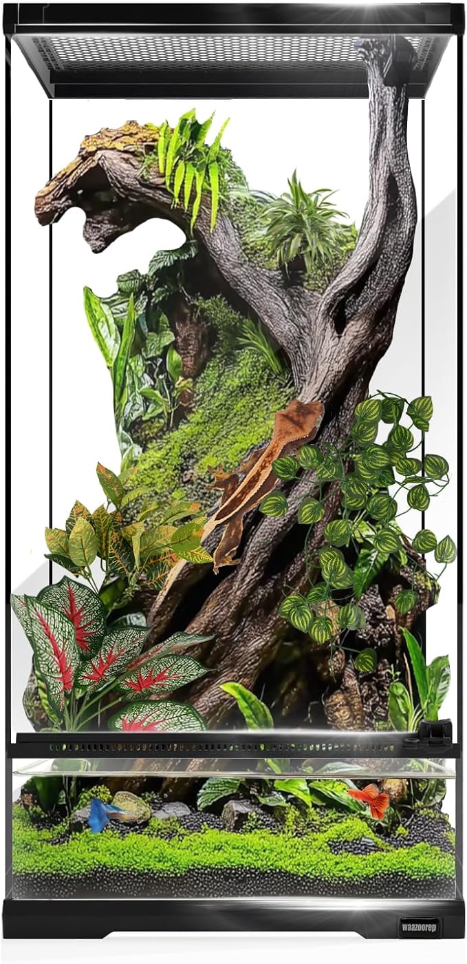 waazoorep 15 Gallon Tall Reptile Glass Tank 12"x12"x24" with Drainage System - Pre-Assembled Vertical Reptile Cage for Arboreal Geckos,Chameleon,Lizard,Tree Frog and Snake with Terrarium Decoration