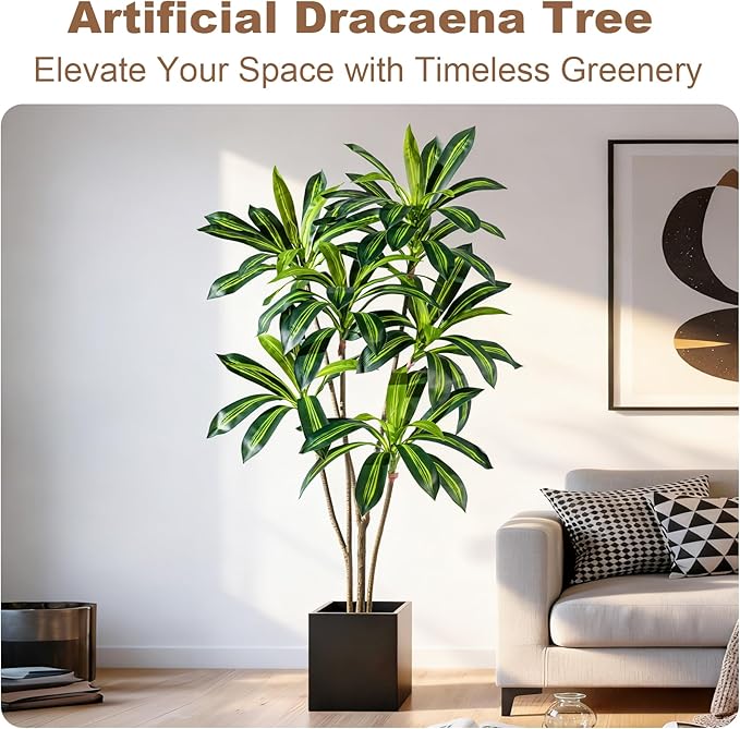 Artificial Dracaena Plant 5FT - Realistic Fake Dracaena Tree Tall Large Faux Silk Plants Fake Floor Potted Artificial Plants for Home Decor, Office Plants