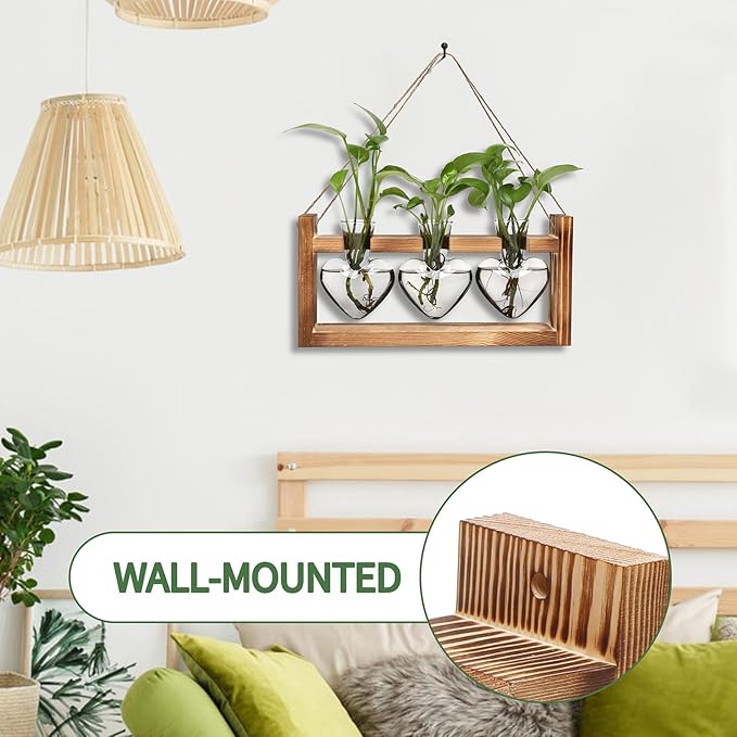 Plant Terrarium Propagation Stations Hydroponics Home Garden Decoration Gift for Women with Wooden Stand Heart Shaped Colored Glass Vase
