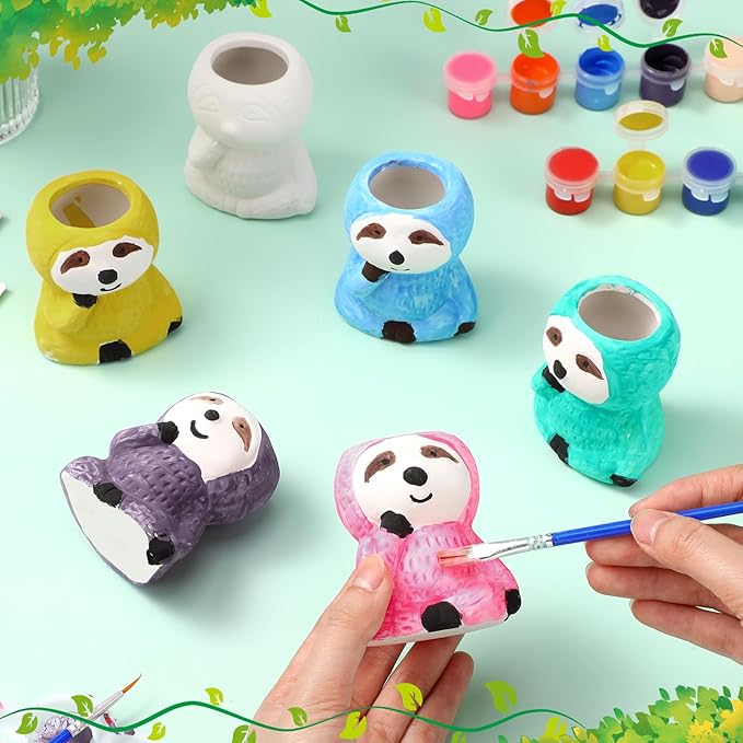 Pasimy 6 Set Ceramics to Paint DIY Ceramic Succulent Planter Pots Paint Your Own Flower Pots Craft Kit Unpainted Bisque Flowerpot with Brush Palette for Family Activity Holiday Gifts(Sloth)