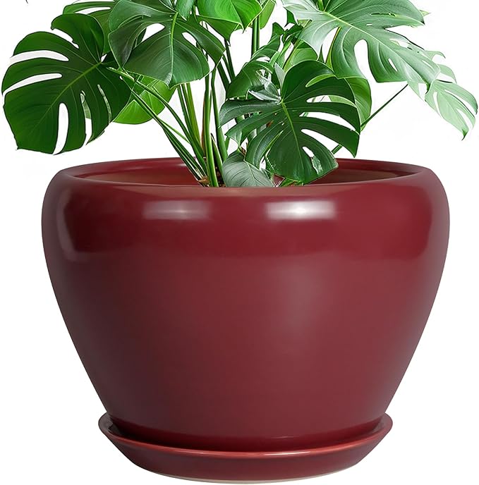 10 Inch Plant Pot - Ceramic Planter Pot with Drainage Hole and Saucer Large Planter for Indoor Plants Round Outdoor Flower Pot Mid-Century Decor Red