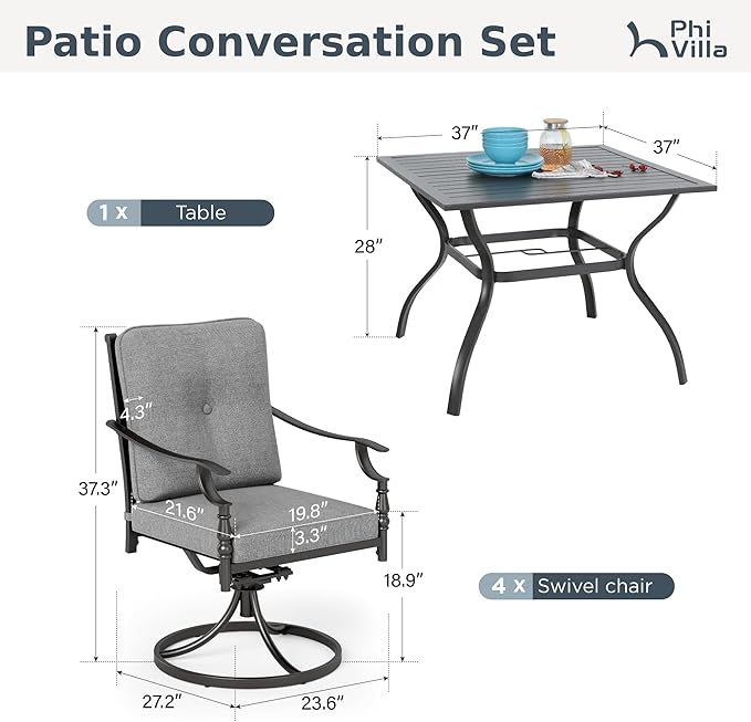 PHI VILLA 5 Pieces Outdoor Round Dining Set for 4, Steel Circle Table with Umbrella Hole & Swivel Wrought Iron Gray Chairs, Modern Dining Furniture Set with Cushions for Patio, Deck, Yard, Porch
