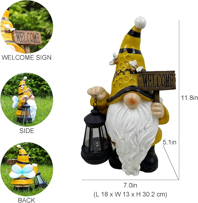 Maikall Rish Gnome Garden Statues with Solar Lights Outdoor Gnomes Sculpture Yard Patio Decor for Lawn Ornaments Gardening Gifts（Bee Gnome