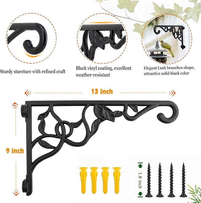 Fashion&cool Heavy Duty Hanging Plant Brackets, 13" Hand Forged Wall Mount Bracket Durable Rust-Resistant Hummingbird Plant Hanger Hook for Hanging Plants Bird Feeder Lantern Wind Chimes