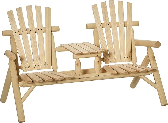 Outsunny 2-Seat Wooden Adirondack Chair, Patio Bench with Table, Outdoor Loveseat Fire Pit Chair for Porch, Backyard, Deck, Natural