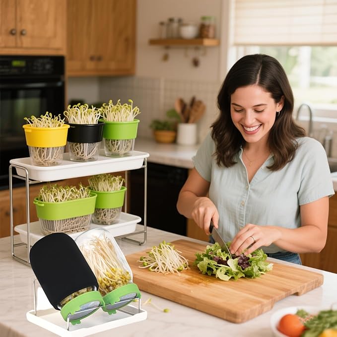 Lulonpon Sprouting Kit, 4 Sprouting Jar Kits, Wide Mouth Quart Mason Jars with Stainless Steel Screen Sprout Lids,1000ml Sprouts Growing Kit, Seed Sprouter Set for Growing Broccoli, Bean, Alfalfa ﻿