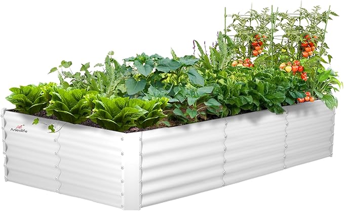 A ANLEOLIFE 8X4X1.5 ft Galvanized Raised Garden Bed, Rectangle Above Ground Modular Metal Planter Boxes Outdoor for Vegetables Flowers Herbs, Anti-Rust & Easy-Setup, Antique White