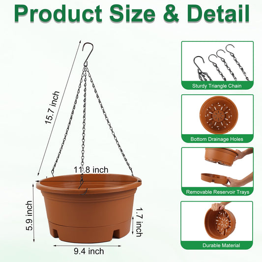 Svxtoby 4 Pack 12 Inch Large Plastic Hanging Planters for Outdoor Plants
