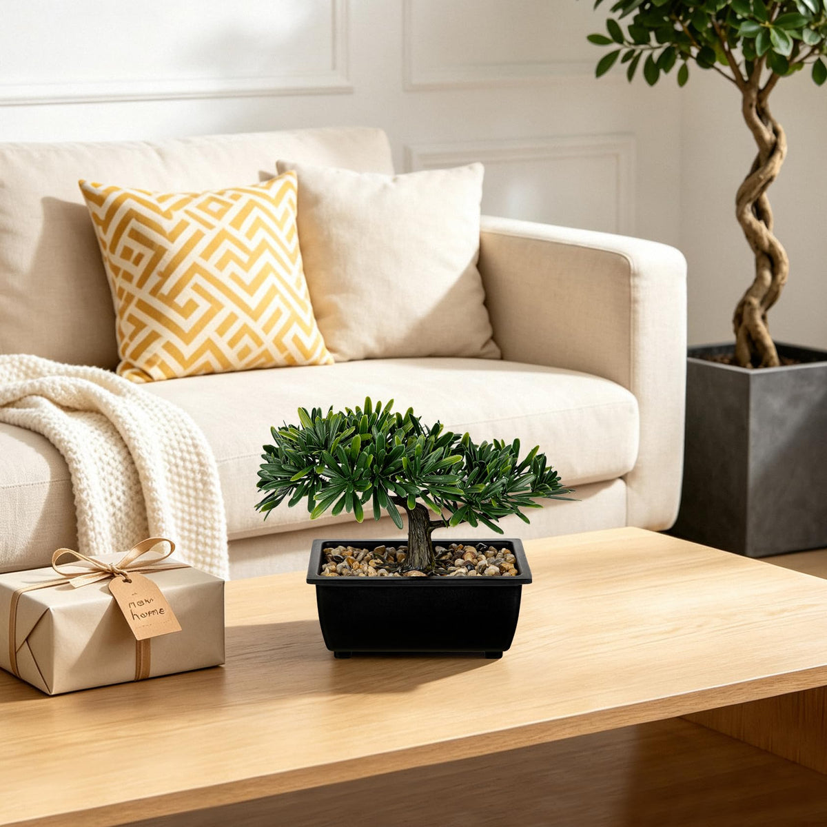 Artificial Bonsai Tree, Faux Ficus Plant with Pebbles, Zen Desk Decor