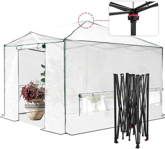 EAGLE PEAK Instant Pop-up Greenhouse, Indoor Outdoor Plant Gardening Green House, Roll-Up Zipper Doors & Side Windows - Winter Support Pole, Walk in 12x8 ft, White/Clear