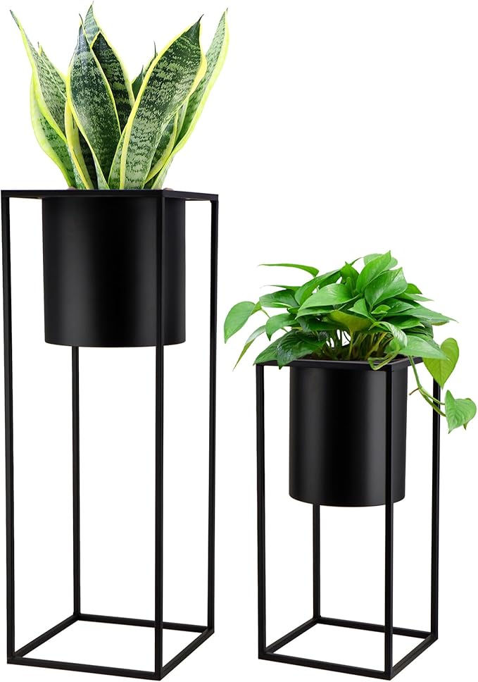 TRIROCKS Set of 2 Planters with Stand Large Metal Planter for Indoor Plants 28 &18" H Plant Pots for Living Room Corner Kitchen Office Garden Balcony Patio Decor(Black)