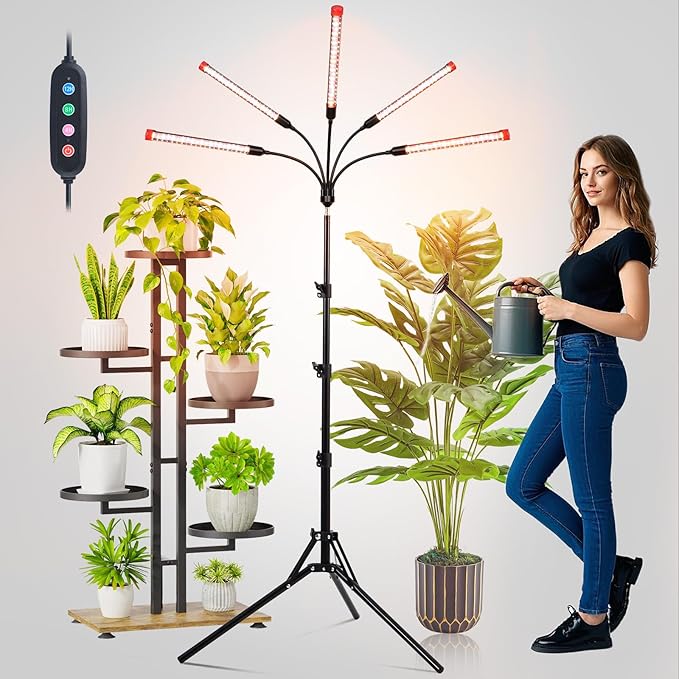FECiDA Gamechanger! 45W 5Head Tripod Stand Tall Plant Light, 2025 Grow Lights for Indoor Plants with Stand for Bonsai Tree, Big Plants, Full Spectrum Growing Lamp 4,8,12 Hr Timer