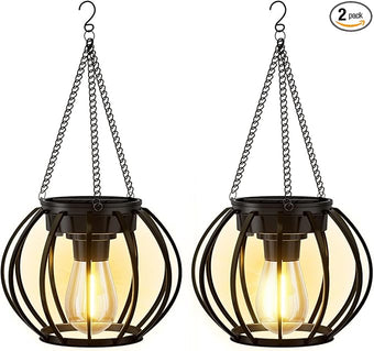 2 Pack Solar Lanterns Outdoor Waterproof, Upgraded Metal LED Lanterns, Warm Light, Auto On/Off, Brighter Hanging Solar Lantern for Yard Patio Pathway Porch Garden Decor (Pumpkin)
