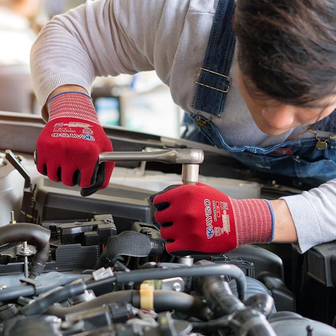 KAYGO Safety Work Gloves MicroFoam Nitrile Coated-3 Pairs, KG18NB,Seamless Knit Nylon Glove with Black Micro-Foam Nitrile Grip,Ideal for General Purpose,Automotive,Home Improvement,Red medium