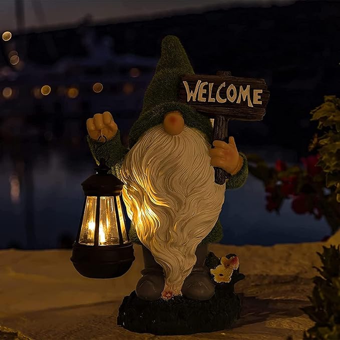 Garden Gnome Statue Outdoor Decor Large Flocked Resin Gnome Figurine with Solar Light Holding Lantern Welcome Sign Garden Yard Decorations Dwarf Sculpture for Outside Patio Porch Lawn Decor.
