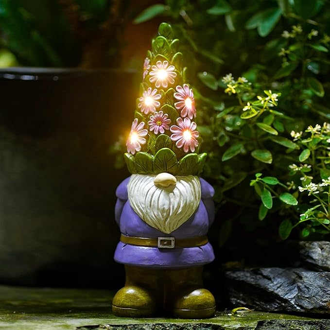 Nacome Solar Garden Outdoor Statues Gnome with Succulent and 7 LED Lights - Lawn Decor for Patio, Balcony, Yard Ornament - Chrismtas Gifts for Mom Grandma