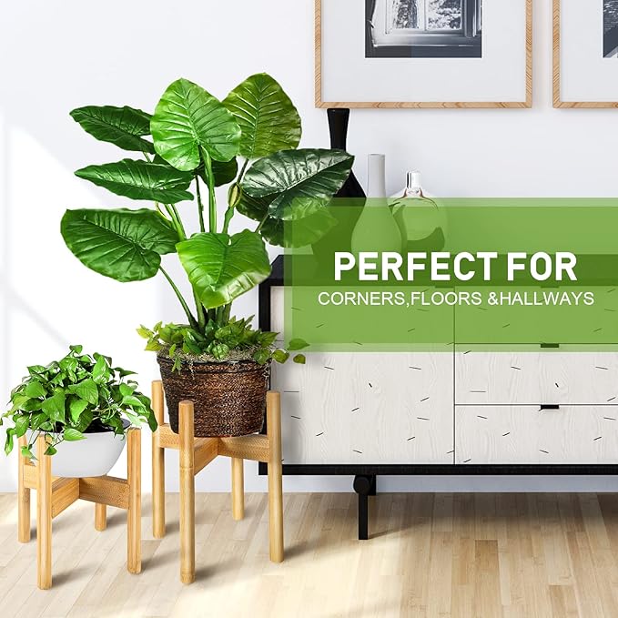 BESHOF 2 Pack Bamboo Plant Stands, Adjustable Plant Stand Indoor, Mid Century Modern Plant Stand, Plant Holder for Living Room, Balcony Fits 8 to 12 Inches Pots (Beige)