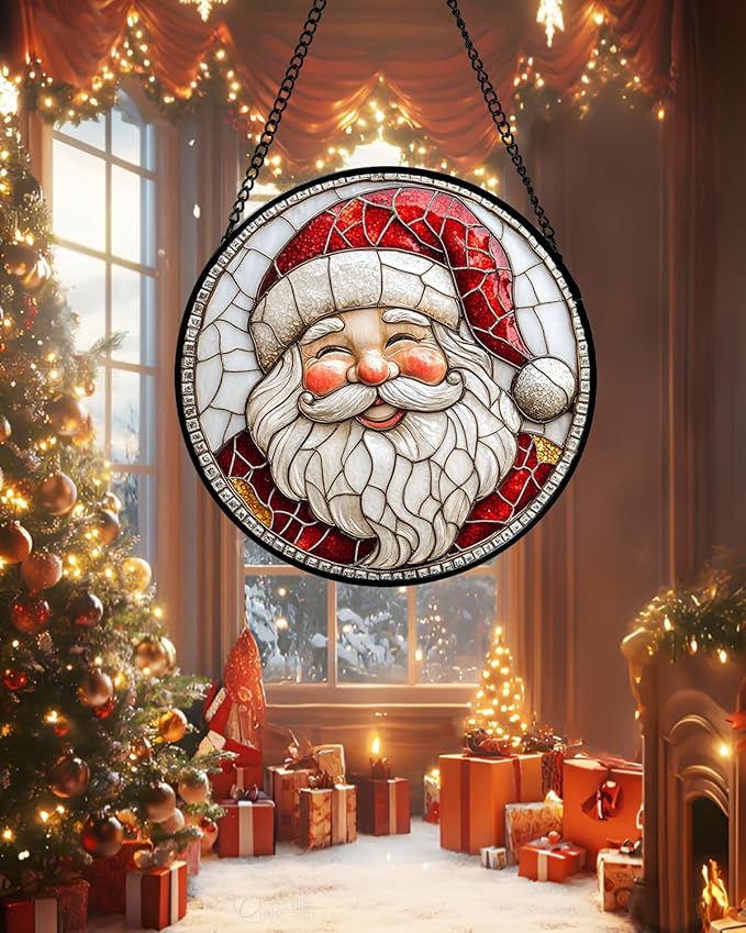 HWRHTR Stained Glass Window Hanging - Red White Santa Claus Suncatcher for Doors Home Christmas Decoration Winter Sun Catcher Thanksgiving New Year Birthday Gifts for Women Men Mom Nana Girl 11.8 in