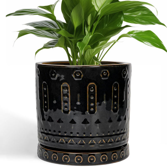 Eightpot 8 Inch Pots for Plants, Ceramic Plant Pot for Indoor Outdoor, Round Planter with Drainage Hole and Tray, Modern Flower Pot, Decorative Plant Pots, Room Decor, House Warming Gifts, Black