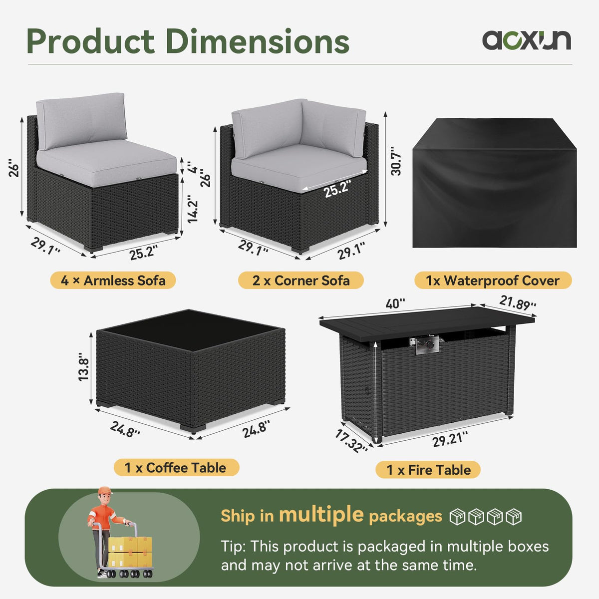 Aoxun 8 Piece Patio Furniture Set with 44” Fire Pit Table, Wicker Rattan Patio Sectional Sofa, Outdoor Furniture Set with Thickened Cushion, Light Gray