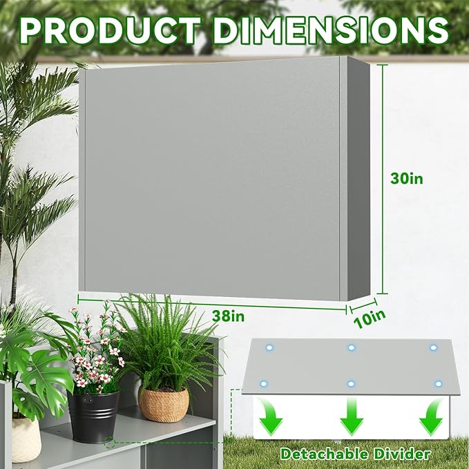 POOAMY Metal Planter, 38L x 10W x 30H, Heavy Duty Tall Planters for Outdoor Plants, Planters with Removable Insert Shelf, Large Planters with Drainage Holes for Porch, Patio and Yard, Grey