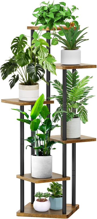 YOCOMEY 6 Tier Wood Tall Plant Stand Metal Rack Indoor, Multiple Flower Pot Holder Shelves Corner Rack, Planter Shelf Display Rack Storage Organizer for Patio Living Room Balcony Garden(Black)