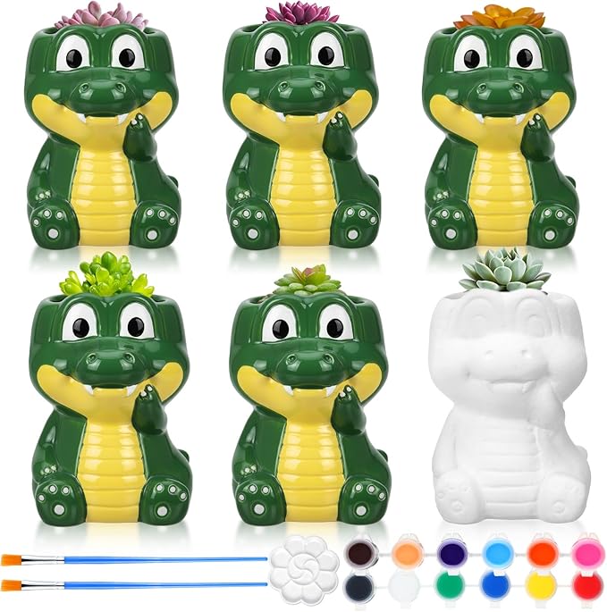 Pasimy 6 Set Ceramics to Paint DIY Ceramic Succulent Planter Pots Paint Your Own Flower Pots Craft Kit Unpainted Bisque Flowerpot with Brush Palette for Family Activity Holiday Gifts(Crocodile)