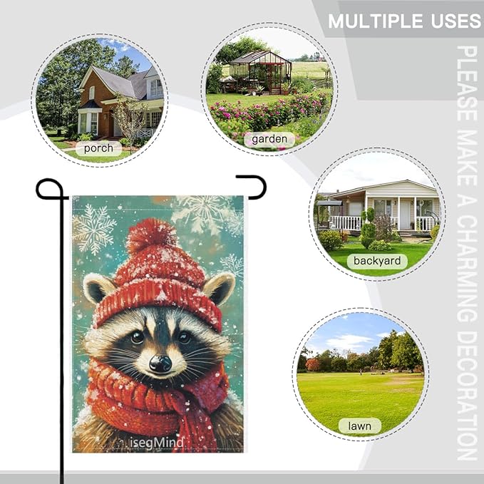 Raccoon with Red Scarf and Hat Snowflake Christmas Garden Flag, 28x40 Inch Double Sided Linen Holiday Red Winter Farmhouse Yard Outdoor Decoration (4326)