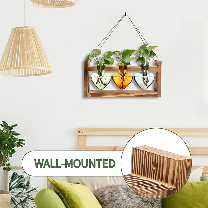 Plant Terrarium Propagation Stations Hydroponics Home Garden Decoration Gift for Women with Wooden Stand Heart Shaped Colored Glass Vase