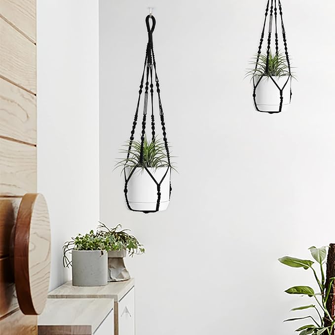 BlueMake Macrame Plant Hanger Indoor Hanging with Wood Beads Macrame Planters No Tassel for Indoor Outdoor Boho Home Decor 35 Inch (Black,1pc)