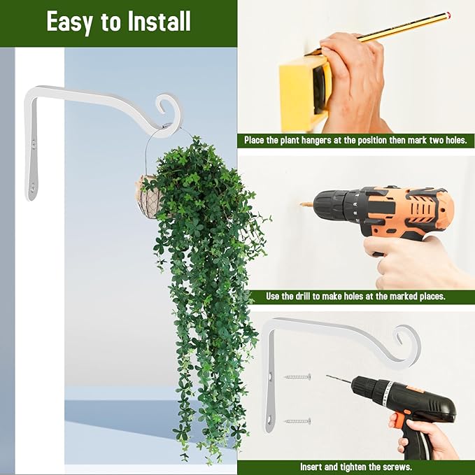 FEED GARDEN Hand-Forged Hanging Plant Bracket Iron Wall Hook for Hanging Plant,Bird Feeders, Wind Chimes, Flower Baskets, Lanterns, Yoga Mat, Indoor/Outdoor Use 6 Inch 2 Pack, White