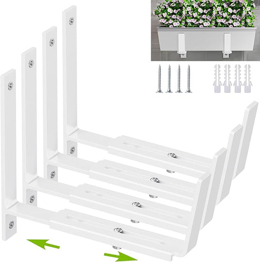 Y&M 4 PCS Adjustable Window Box Brackets for Planter Box, Heavy Duty Wall Mounted Hooks Hangers for Flower Baskets Holder Durable