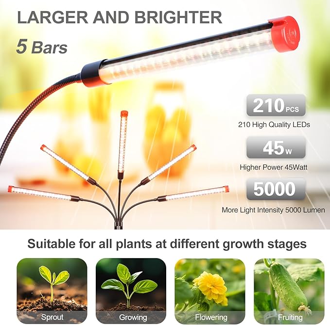 FECiDA Gamechanger! 45W 5Head Tripod Stand Tall Plant Light, 2025 Grow Lights for Indoor Plants with Stand for Bonsai Tree, Big Plants, Full Spectrum Growing Lamp 4,8,12 Hr Timer