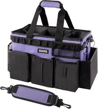 Wearable Cleaning Caddy Bag, Cleaning Caddy Supplies Organizer with Handle & Shoulder Straps for Housekeepers, Under Sink & Car Cleaning Tool Organizers with 4 Foldable Divider (Purple)