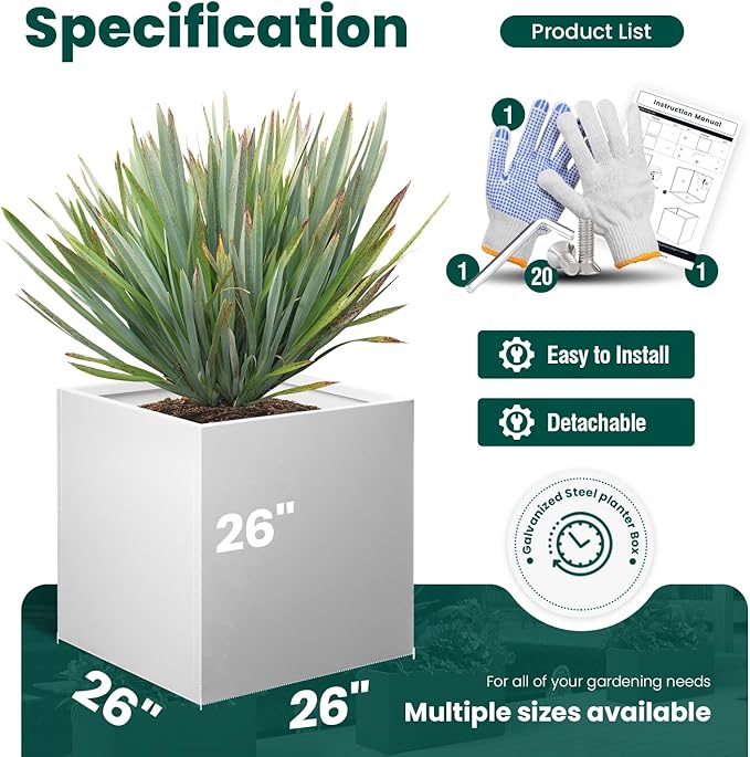 White Steel Planter Square Outdoor Planters Galvanized Steel Planter Box Indoor Metal Large Planters Cube Heavy Duty Flower Pot 26 Inch Modern Commercial Residential for Trees Patio Deck Yard Garden