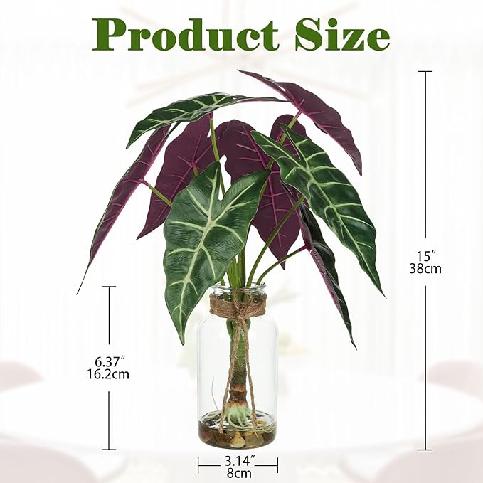 Briful 15'' Tall Fake Plants Alocasia Polly Faux Plant Indoor in Glass Vase with Stone and Faux Water, Realistic Artificial Root Propagation Plants for Home Farmhouse Table Bathroom Desk Decor