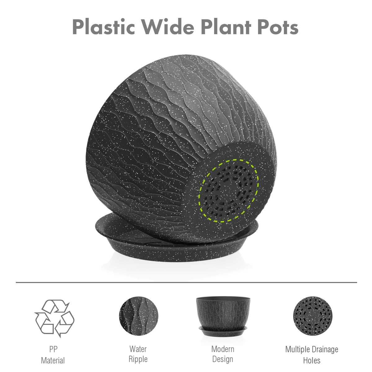 Meowell 12/10/9 inch Large Flower Pots, 3 Set Big Plant Pots for Outdoor Indoor Plants with Water Ripples, Wide Plastic Planters with Drainage Holes and Saucers for Garden House Plants, Speckled Black