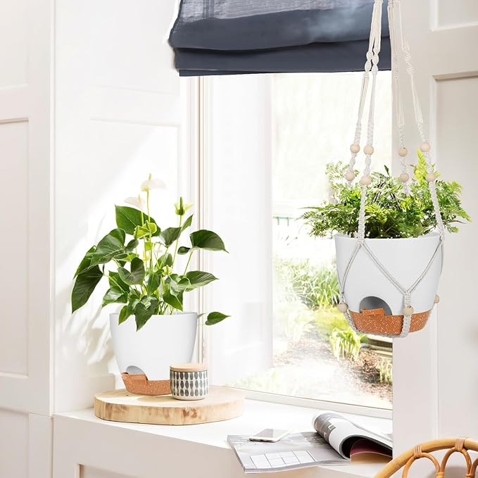 GARDIFE 8 Inch Hanging Planters with Macrame Plant Hanger for Indoor and Outdoor Plants, 2 Pack Large Self Watering Hanging Plant Pot with Basket Flower Pot with Drainage Hole, White