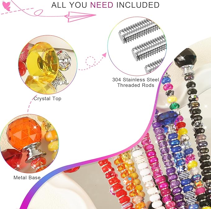 300 Pcs Garden Stakes Diy Fairy Wand Garden Stakes Kit, Colorful Large Hole Bead Crystal Diamond Stopper Top 12 Stainless Steel Threaded Rod Beaded Fairy Wands Supplies For Outdoor Beadable Decorative