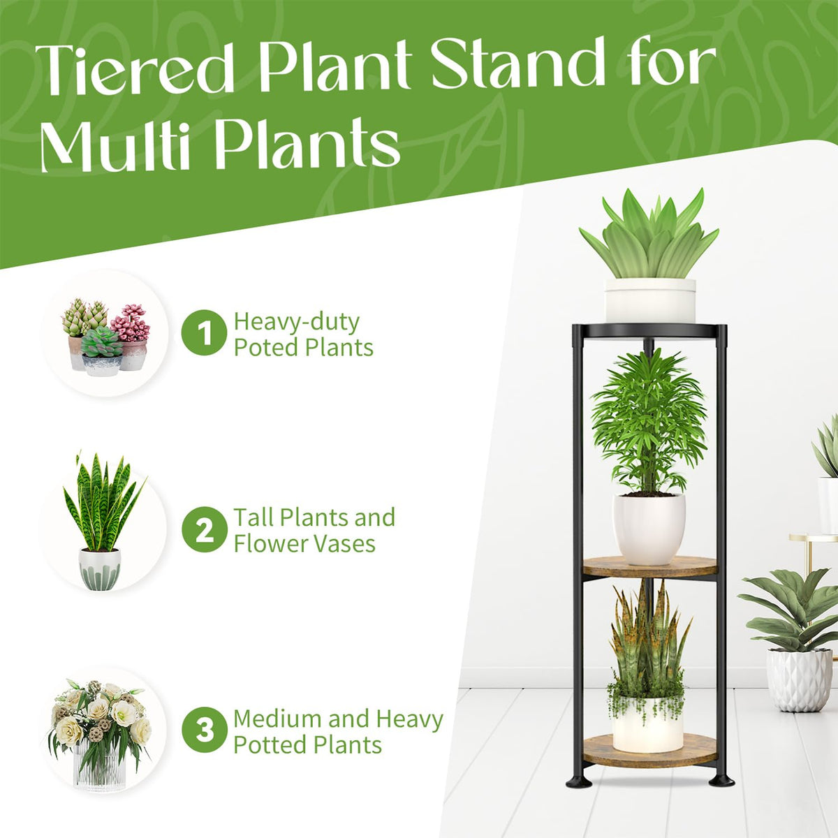 iDavosic.ly 3 Tier Corner Metal Plant Stand Indoor, 34 In Tall, Black Brown