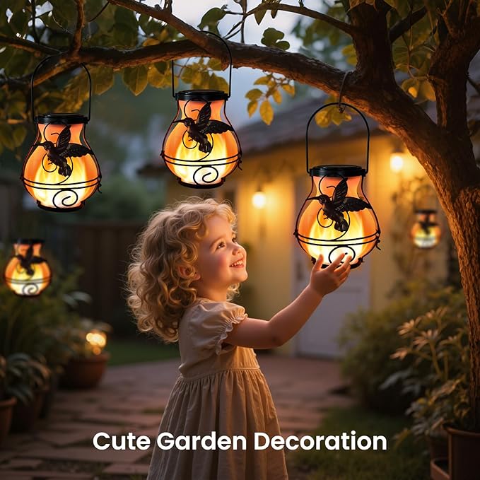 2 Pack Solar Lanterns Outdoor Waterproof Flickering Flame Lights Hummingbird Metal Hanging Solar Lantern Patio Porch Garden Decoration