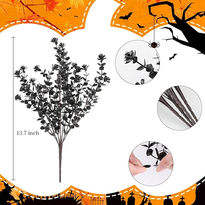 AGIRL 12 Bundles Black Artificial Flowers for Outdoor,No Fade Fake Plastic Flowers Faux Plants for Halloween Decor,Hanging Planters Decoration Indoor Outside Garden Porch Window Box Home Party