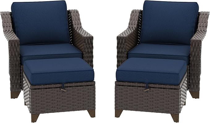 4 Pieces Patio Conversation Furniture Set - 2 Chairs with Ottomans Set of 2, Outdoor Wicker Armchairs with Water-Resistant and Washable Cushions for Porch, Balcony, Sunroom (Navy Blue)