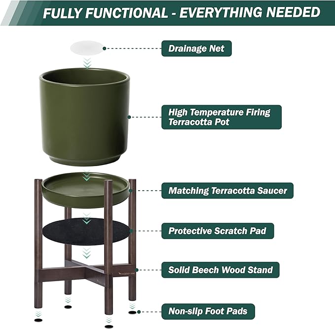 D'vine Dev Ceramic Planter with Walnut Color Stand - 10 Inch Modern Round Flower Pot with Wood Planter Holder, Olive, 55-B-X-J