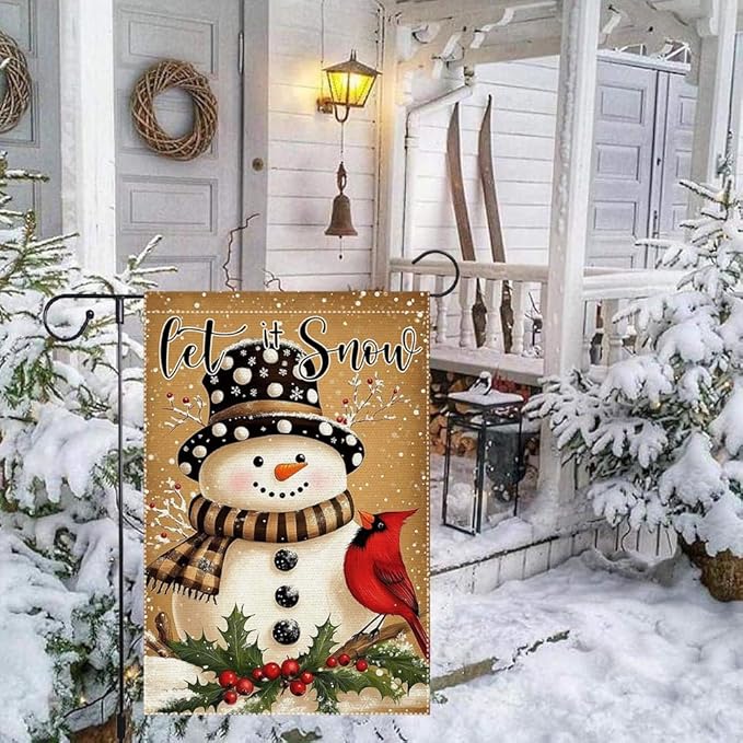 Let It Snow Snowman Garden Flag Double Sided 12x18 Inch Burlap Winter Outdoor Yard Decoration with Cardinal Bird and Holly Christmas Holiday Decor