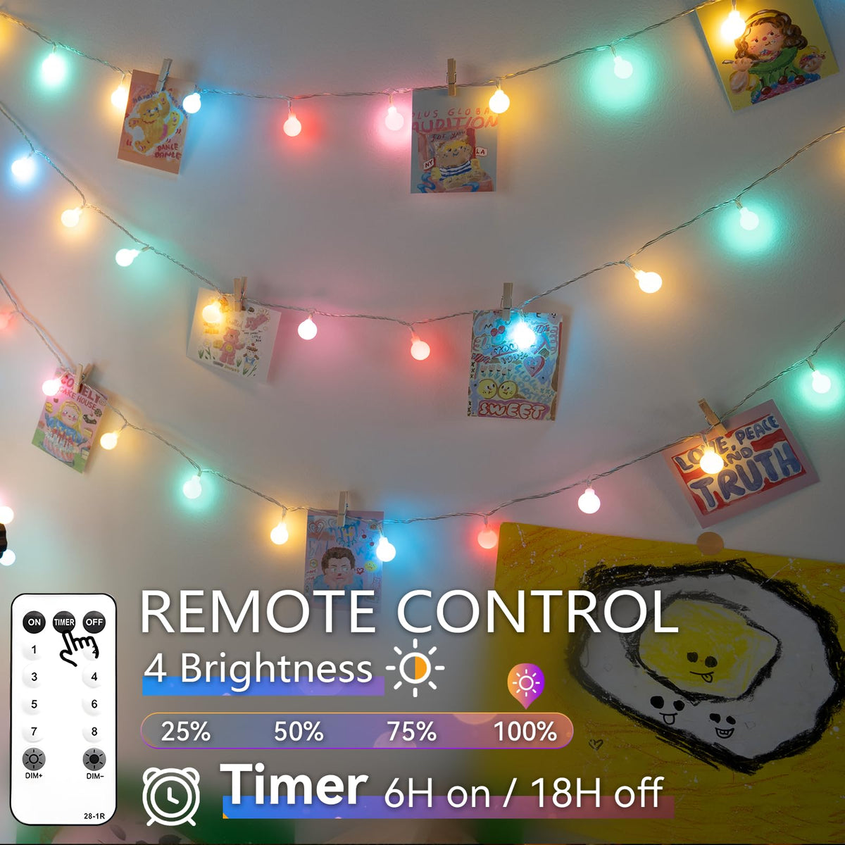 suddus 109ft Connectable Globe String Lights Plug in Remote Pastel Color