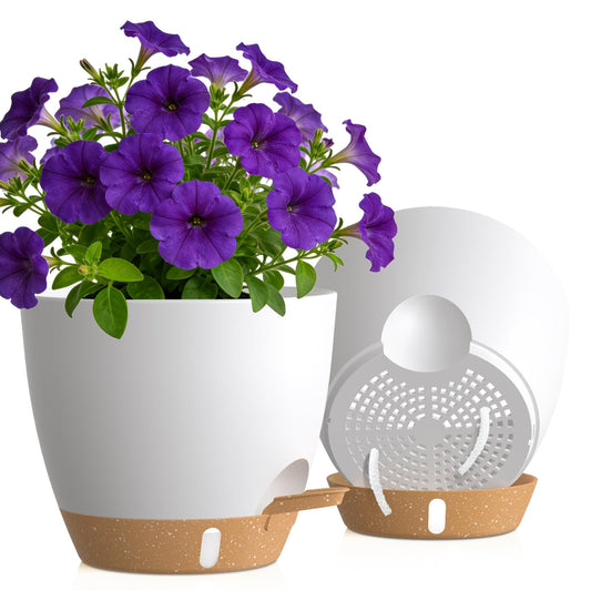 KUGAZ Self Watering Pots with Drainage Holes, 2 Pack 10 Inch Plant Pots with Water Level Indicator Deep Reservoir, Large Plastic Planter for Indoor Outdoor Plants - White Brown