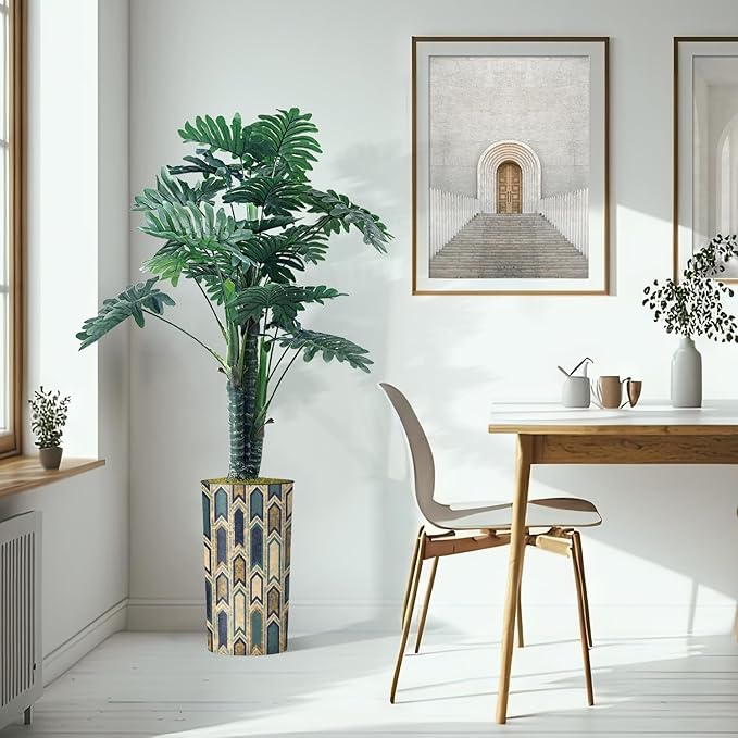 Artificial Tree in Modern Polygon Pattern Effect Planter, Fake Philodendron Tree Silk Tree for Indoor and Outdoor Home Decoration - 70" Overall Tall (Plant Pot Plus Tree)